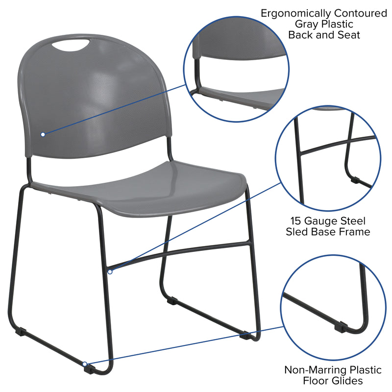 SINGLEWAVE Series 880 lb. Capacity Gray Ultra-Compact Stack Chair with Black Powder Coated Frame