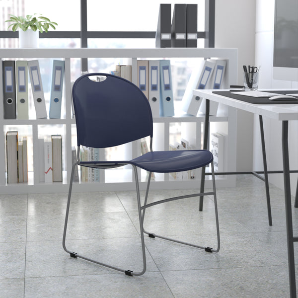 SINGLEWAVE Series 880 lb. Capacity Navy Ultra-Compact Stack Chair with Silver Powder Coated Frame