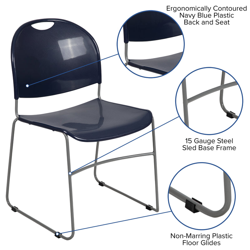 SINGLEWAVE Series 880 lb. Capacity Navy Ultra-Compact Stack Chair with Silver Powder Coated Frame