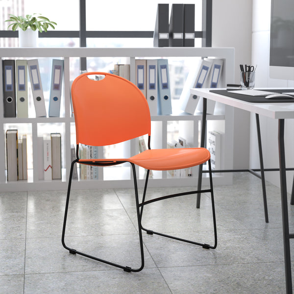 SINGLEWAVE Series 880 lb. Capacity Orange Ultra-Compact Stack Chair with Black Powder Coated Frame