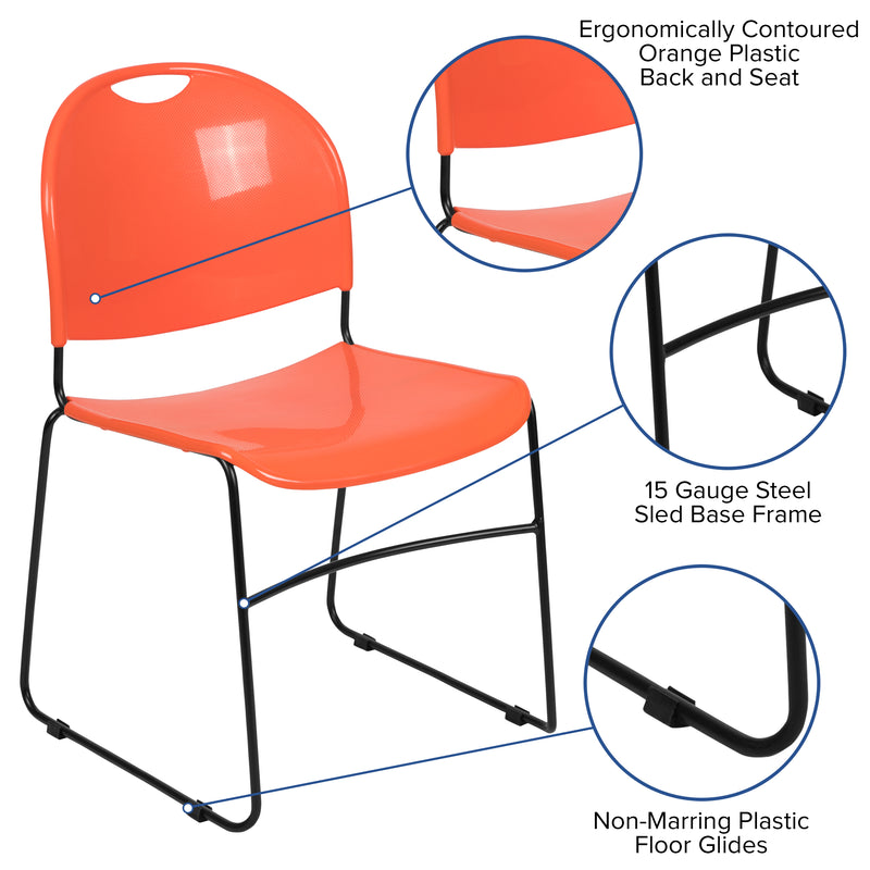 SINGLEWAVE Series 880 lb. Capacity Orange Ultra-Compact Stack Chair with Black Powder Coated Frame