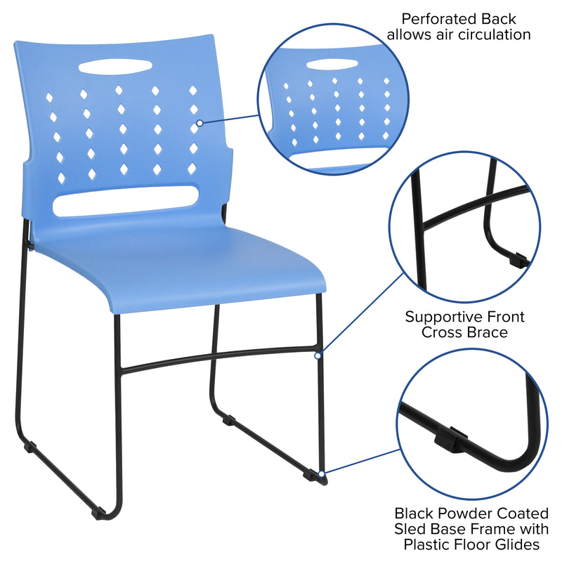 SINGLEWAVE Series 881 lb. Capacity Blue Sled Base Stack Chair with Air-Vent Back