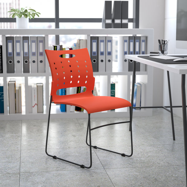 SINGLEWAVE Series 881 lb. Capacity Orange Sled Base Stack Chair with Air-Vent Back