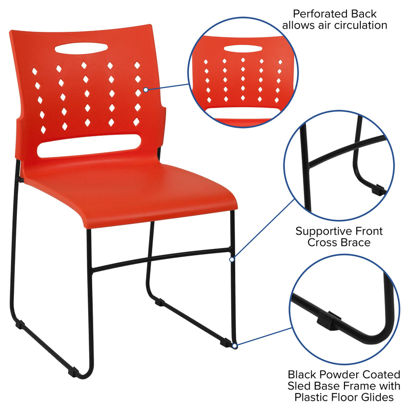 SINGLEWAVE Series 881 lb. Capacity Orange Sled Base Stack Chair with Air-Vent Back