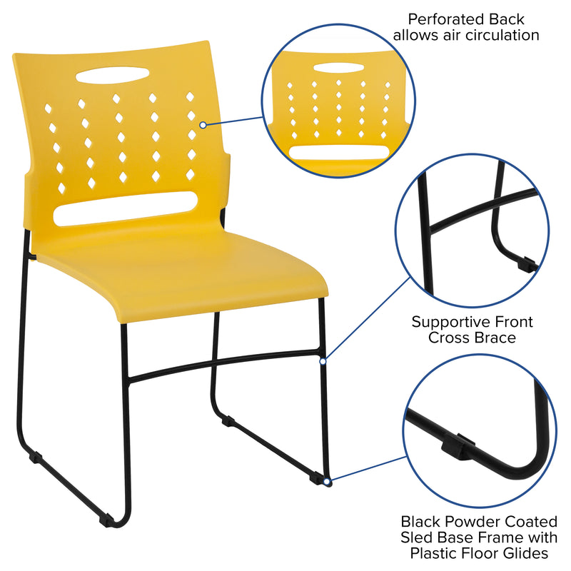 SINGLEWAVE Series 881 lb. Capacity Yellow Sled Base Stack Chair with Air-Vent Back