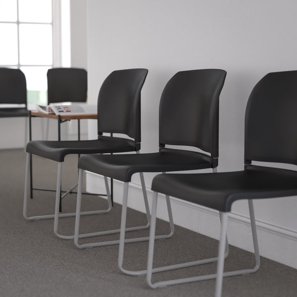 SINGLEWAVE Series 880 lb. Capacity Black Full Back Contoured Stack Chair with Gray Powder Coated Sled Base