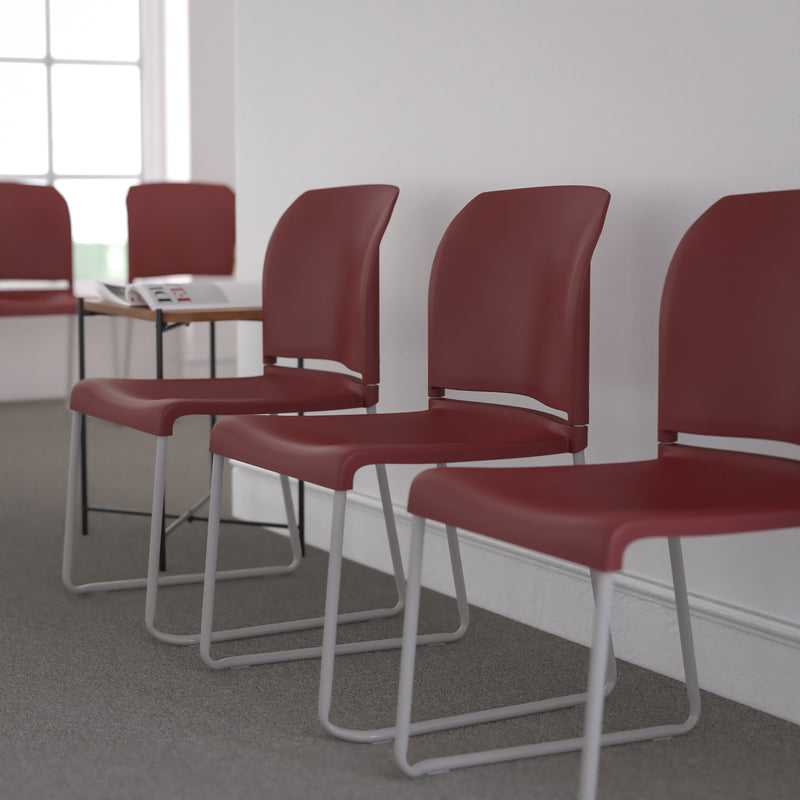 SINGLEWAVE Series 880 lb. Capacity Burgundy Full Back Contoured Stack Chair with Gray Powder Coated Sled Base