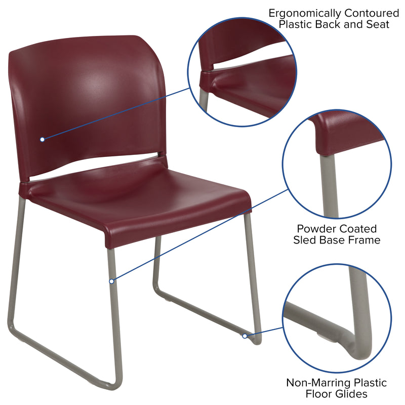 SINGLEWAVE Series 880 lb. Capacity Burgundy Full Back Contoured Stack Chair with Gray Powder Coated Sled Base