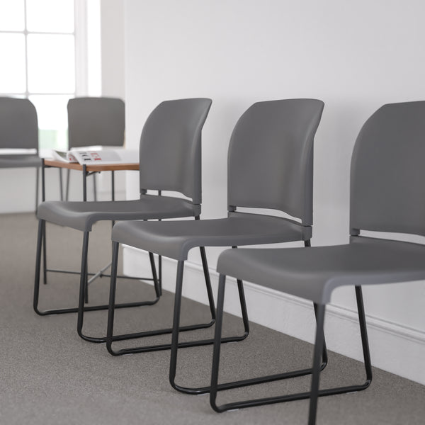 SINGLEWAVE Series 880 lb. Capacity Gray Full Back Contoured Stack Chair with Black Powder Coated Sled Base