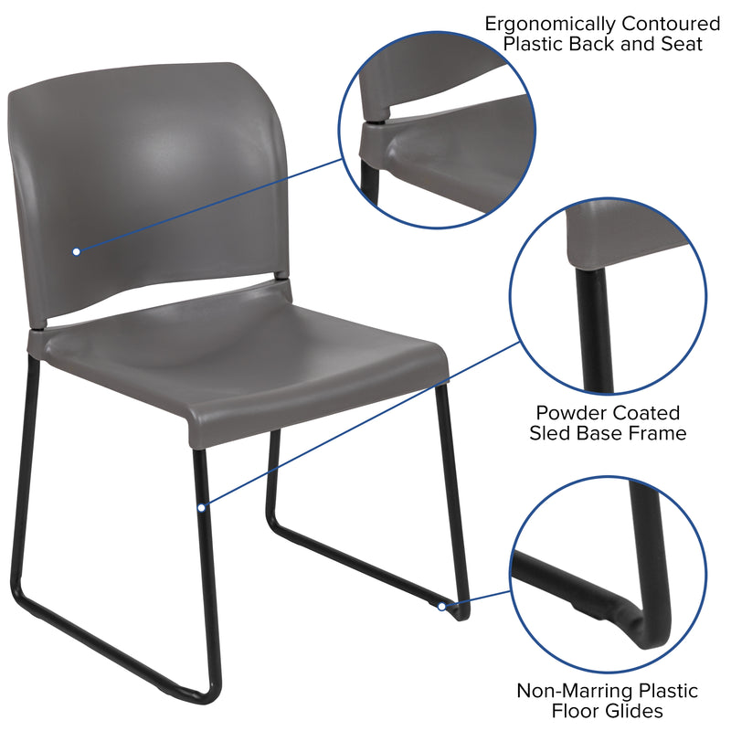 SINGLEWAVE Series 880 lb. Capacity Gray Full Back Contoured Stack Chair with Black Powder Coated Sled Base