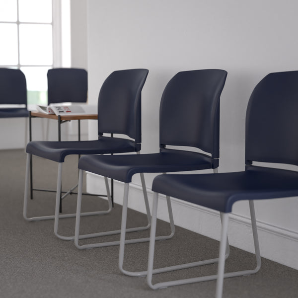 SINGLEWAVE Series 880 lb. Capacity Navy Full Back Contoured Stack Chair with Gray Powder Coated Sled Base