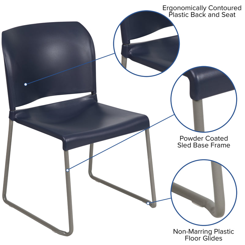 SINGLEWAVE Series 880 lb. Capacity Navy Full Back Contoured Stack Chair with Gray Powder Coated Sled Base