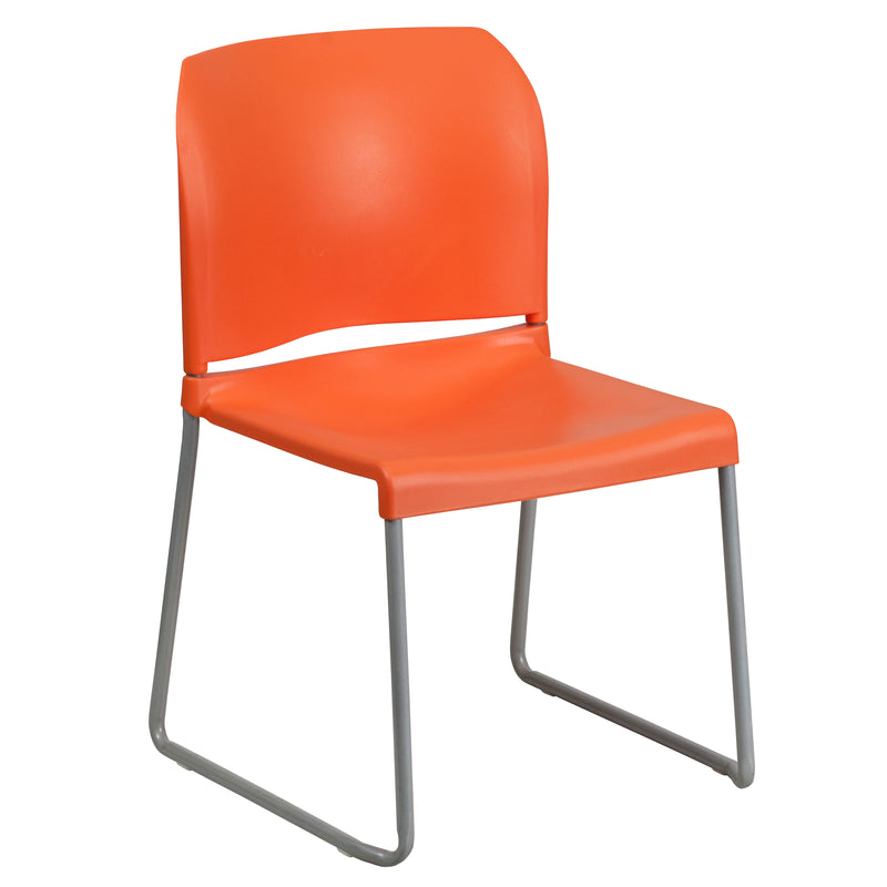 SINGLEWAVE Series 880 lb. Capacity Orange Full Back Contoured Stack Chair with Gray Powder Coated Sled Base