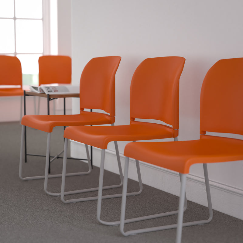 SINGLEWAVE Series 880 lb. Capacity Orange Full Back Contoured Stack Chair with Gray Powder Coated Sled Base