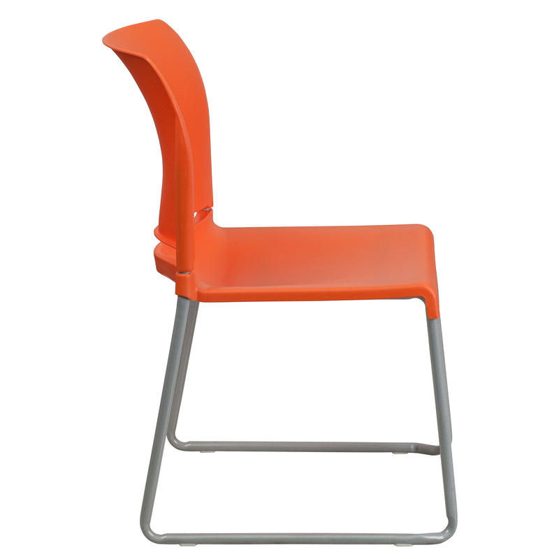 SINGLEWAVE Series 880 lb. Capacity Orange Full Back Contoured Stack Chair with Gray Powder Coated Sled Base