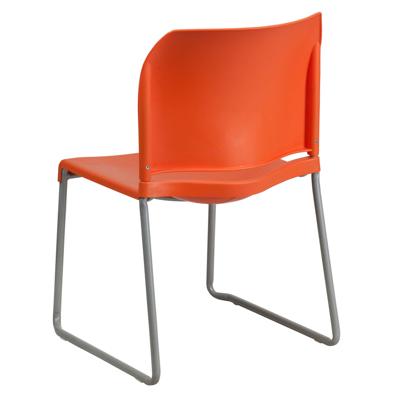 SINGLEWAVE Series 880 lb. Capacity Orange Full Back Contoured Stack Chair with Gray Powder Coated Sled Base