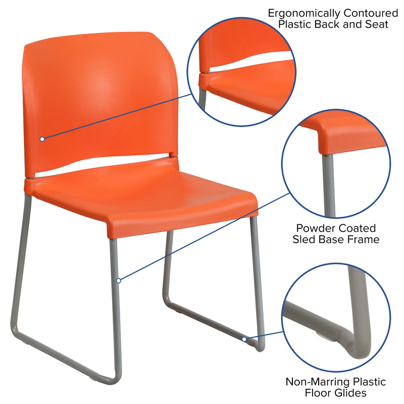 SINGLEWAVE Series 880 lb. Capacity Orange Full Back Contoured Stack Chair with Gray Powder Coated Sled Base