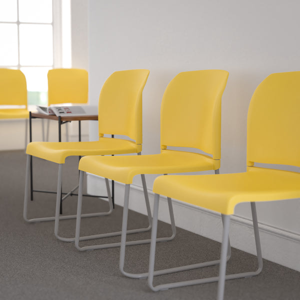 SINGLEWAVE Series 880 lb. Capacity Yellow Full Back Contoured Stack Chair with Gray Powder Coated Sled Base