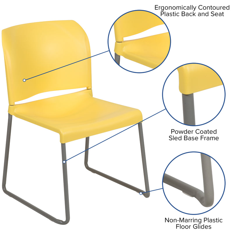 SINGLEWAVE Series 880 lb. Capacity Yellow Full Back Contoured Stack Chair with Gray Powder Coated Sled Base