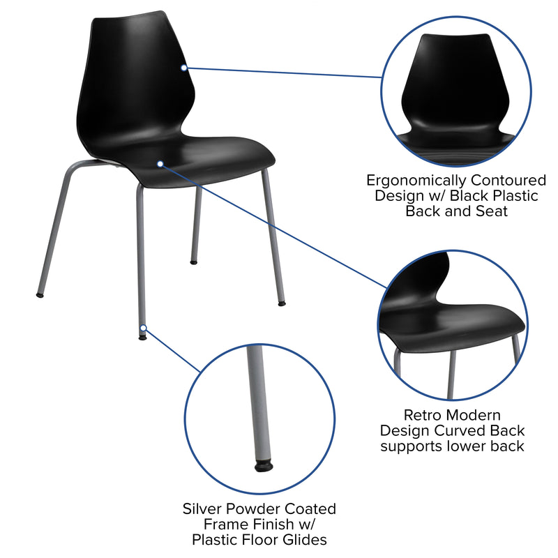 SINGLEWAVE Series 770 lb. Capacity Black Stack Chair with Lumbar Support and Silver Frame