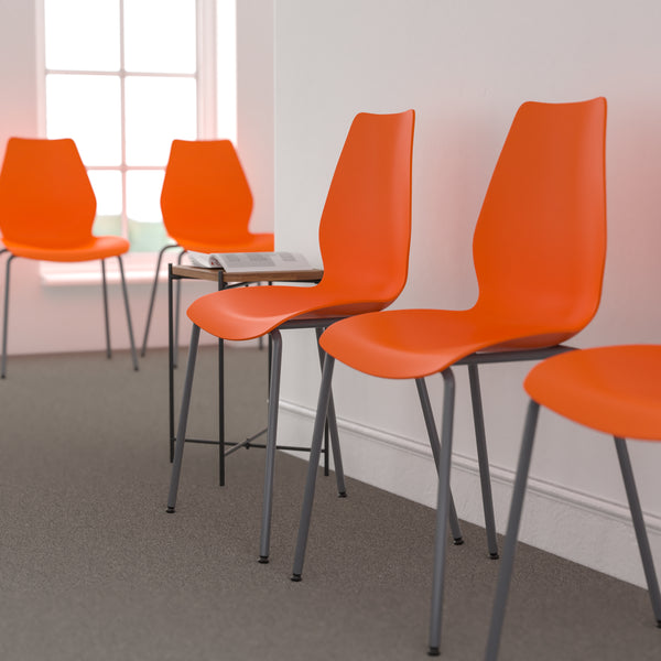 SINGLEWAVE Series 770 lb. Capacity Orange Stack Chair with Lumbar Support and Silver Frame