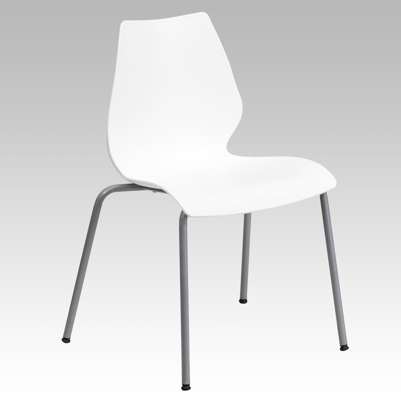 SINGLEWAVE Series 770 lb. Capacity White Stack Chair with Lumbar Support and Silver Frame