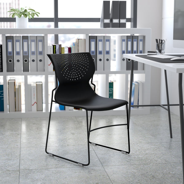SINGLEWAVE Series 661 lb. Capacity Black Full Back Stack Chair with Black Powder Coated Frame