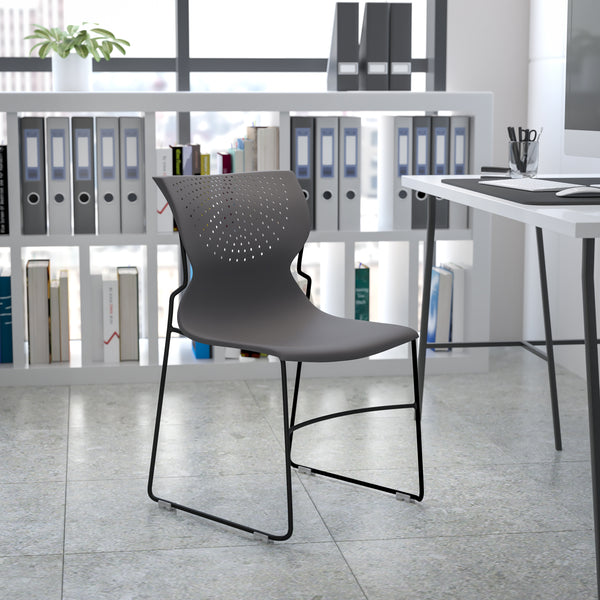 SINGLEWAVE Series 661 lb. Capacity Gray Full Back Stack Chair with Black Powder Coated Frame