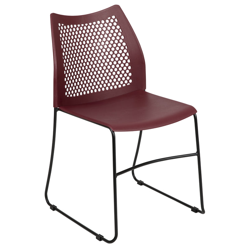 SINGLEWAVE Series 661 lb. Capacity Burgundy Stack Chair with Air-Vent Back and Black Powder Coated Sled Base