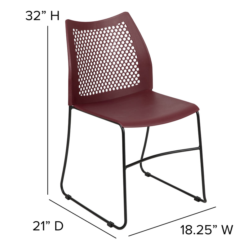 SINGLEWAVE Series 661 lb. Capacity Burgundy Stack Chair with Air-Vent Back and Black Powder Coated Sled Base