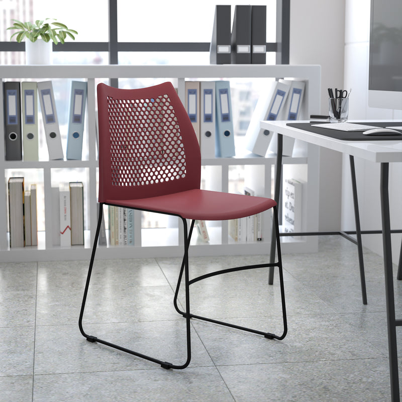 SINGLEWAVE Series 661 lb. Capacity Burgundy Stack Chair with Air-Vent Back and Black Powder Coated Sled Base