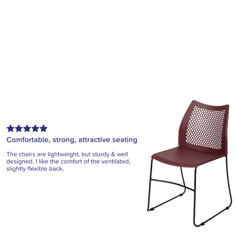 SINGLEWAVE Series 661 lb. Capacity Burgundy Stack Chair with Air-Vent Back and Black Powder Coated Sled Base