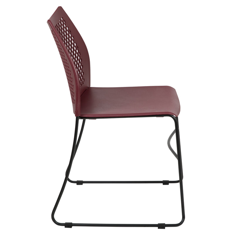 SINGLEWAVE Series 661 lb. Capacity Burgundy Stack Chair with Air-Vent Back and Black Powder Coated Sled Base