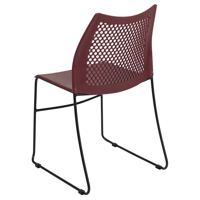 SINGLEWAVE Series 661 lb. Capacity Burgundy Stack Chair with Air-Vent Back and Black Powder Coated Sled Base