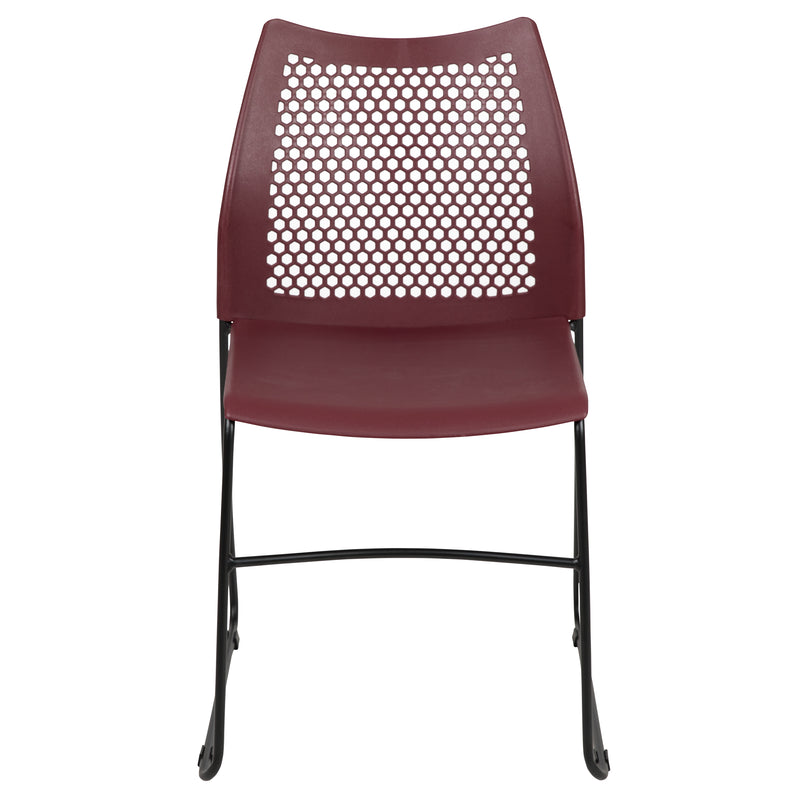 SINGLEWAVE Series 661 lb. Capacity Burgundy Stack Chair with Air-Vent Back and Black Powder Coated Sled Base