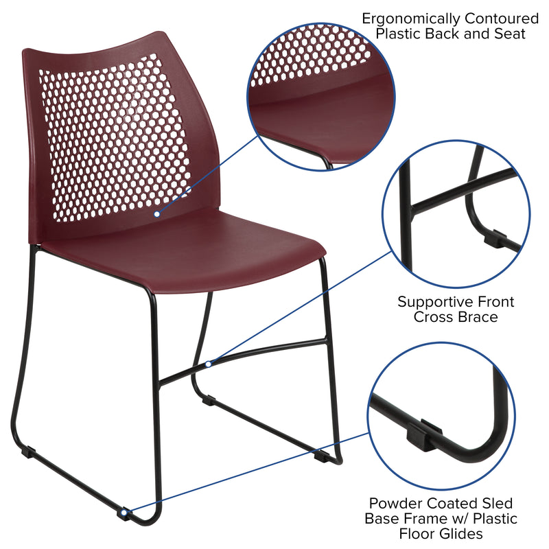 SINGLEWAVE Series 661 lb. Capacity Burgundy Stack Chair with Air-Vent Back and Black Powder Coated Sled Base