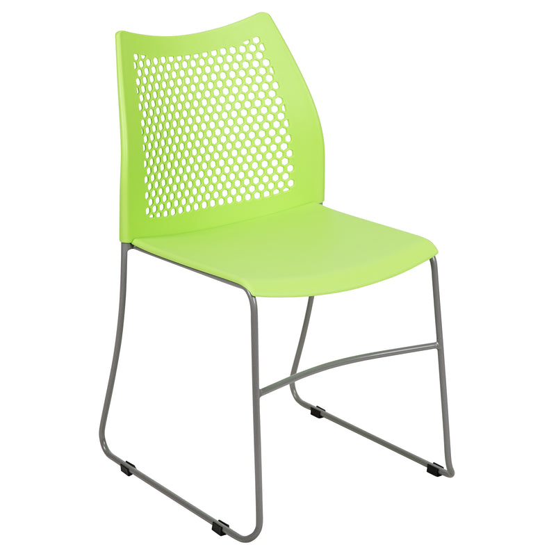 SINGLEWAVE Series 661 lb. Capacity Green Stack Chair with Air-Vent Back and Gray Powder Coated Sled Base