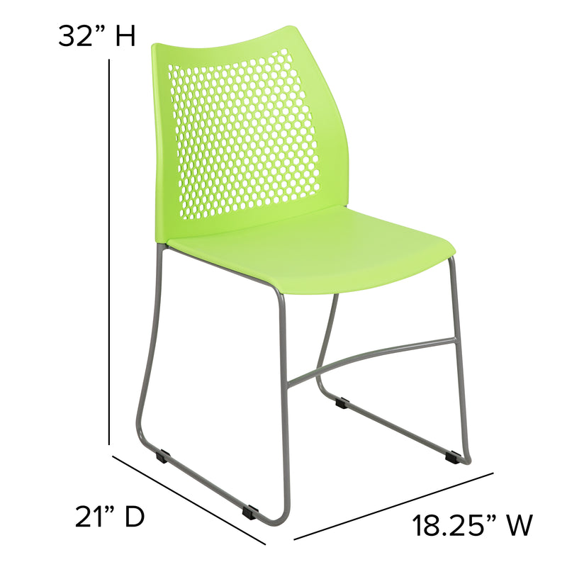 SINGLEWAVE Series 661 lb. Capacity Green Stack Chair with Air-Vent Back and Gray Powder Coated Sled Base