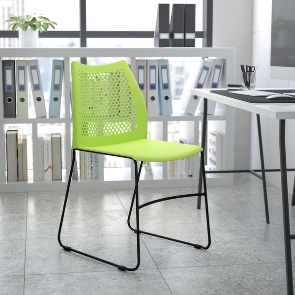 SINGLEWAVE Series 661 lb. Capacity Green Stack Chair with Air-Vent Back and Gray Powder Coated Sled Base