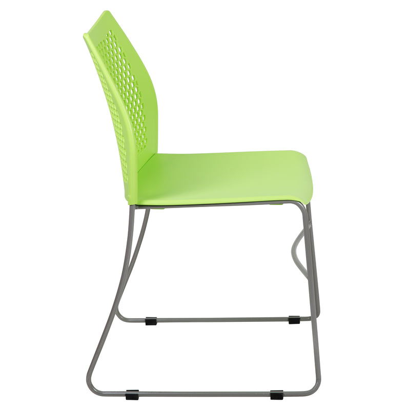 SINGLEWAVE Series 661 lb. Capacity Green Stack Chair with Air-Vent Back and Gray Powder Coated Sled Base