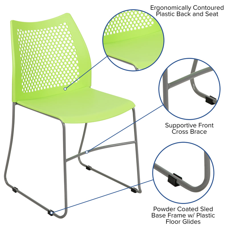 SINGLEWAVE Series 661 lb. Capacity Green Stack Chair with Air-Vent Back and Gray Powder Coated Sled Base