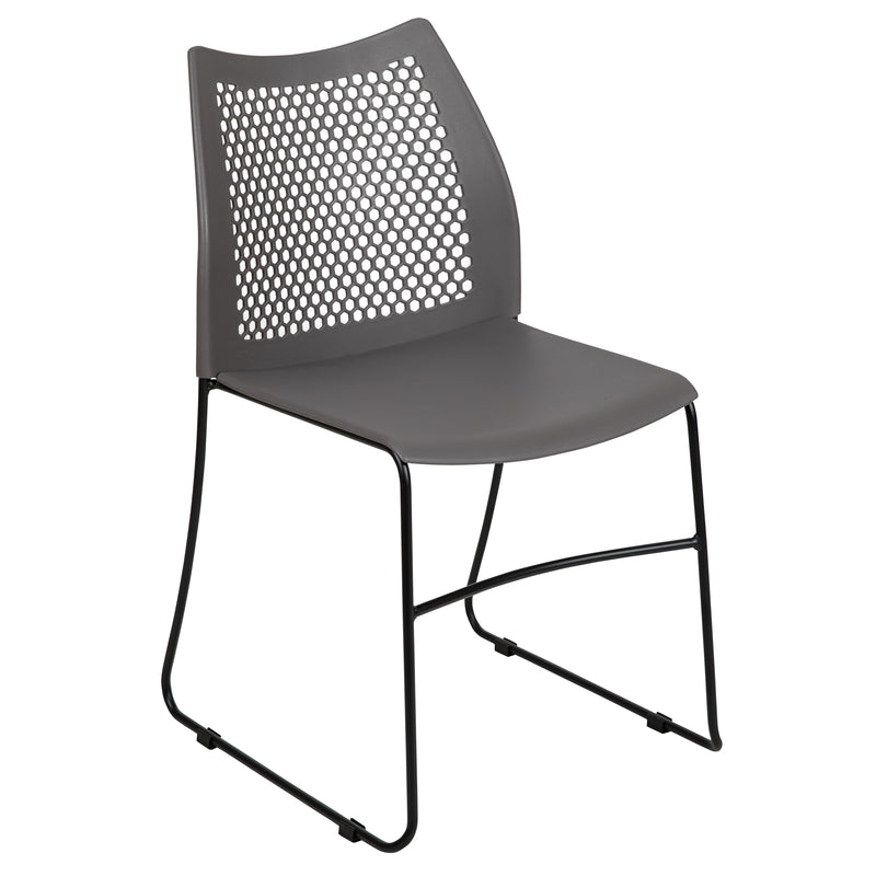 SINGLEWAVE Series 661 lb. Capacity Gray Stack Chair with Air-Vent Back and Black Powder Coated Sled Base