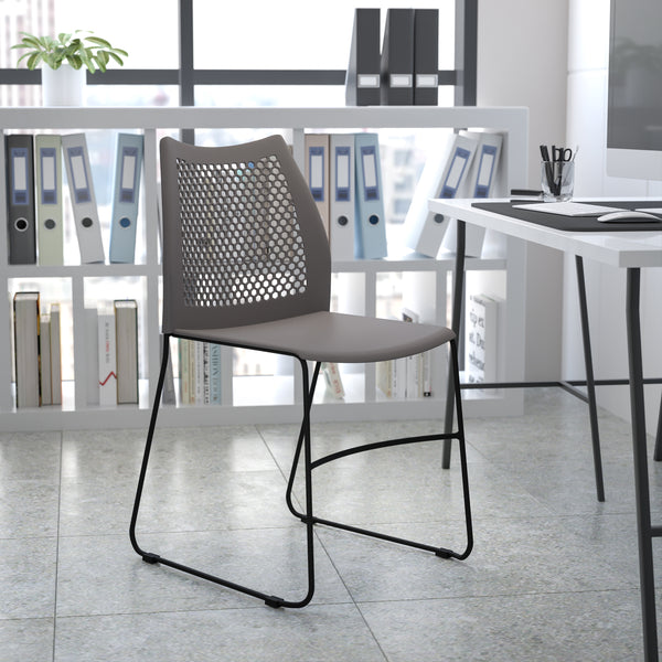 SINGLEWAVE Series 661 lb. Capacity Gray Stack Chair with Air-Vent Back and Black Powder Coated Sled Base