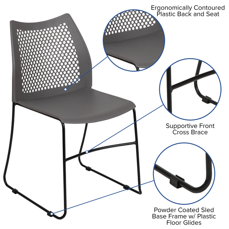 SINGLEWAVE Series 661 lb. Capacity Gray Stack Chair with Air-Vent Back and Black Powder Coated Sled Base