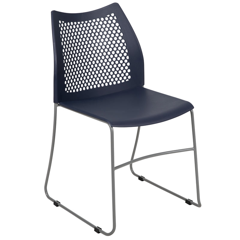 SINGLEWAVE Series 661 lb. Capacity Navy Stack Chair with Air-Vent Back and Gray Powder Coated Sled Base