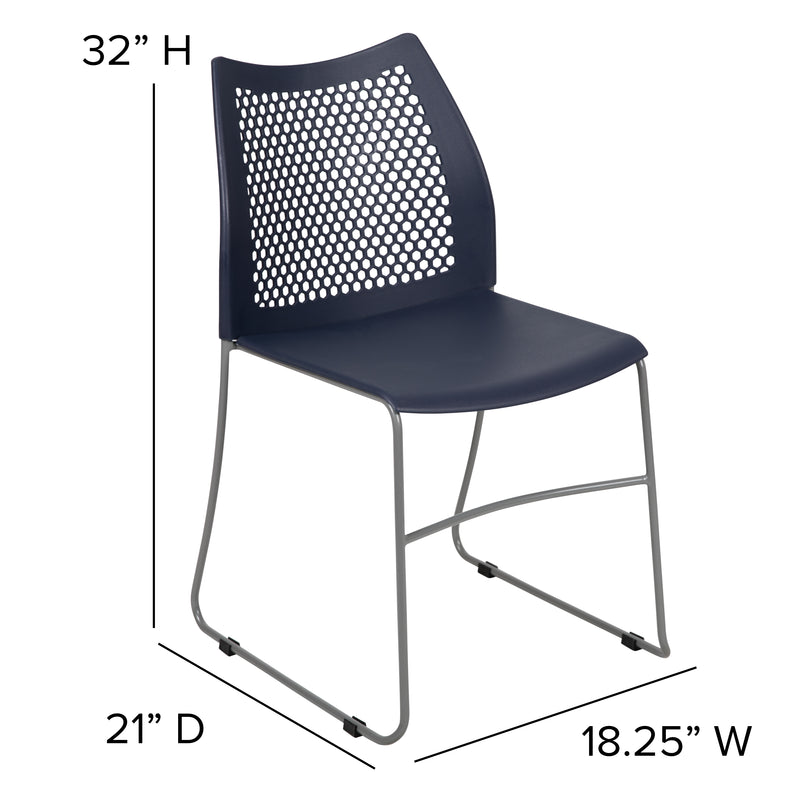 SINGLEWAVE Series 661 lb. Capacity Navy Stack Chair with Air-Vent Back and Gray Powder Coated Sled Base