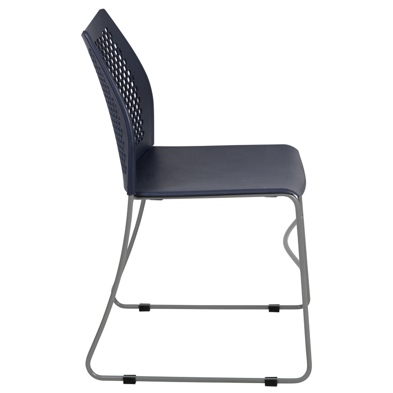 SINGLEWAVE Series 661 lb. Capacity Navy Stack Chair with Air-Vent Back and Gray Powder Coated Sled Base