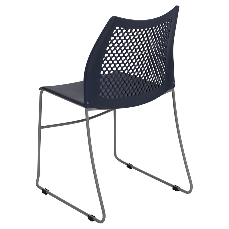 SINGLEWAVE Series 661 lb. Capacity Navy Stack Chair with Air-Vent Back and Gray Powder Coated Sled Base