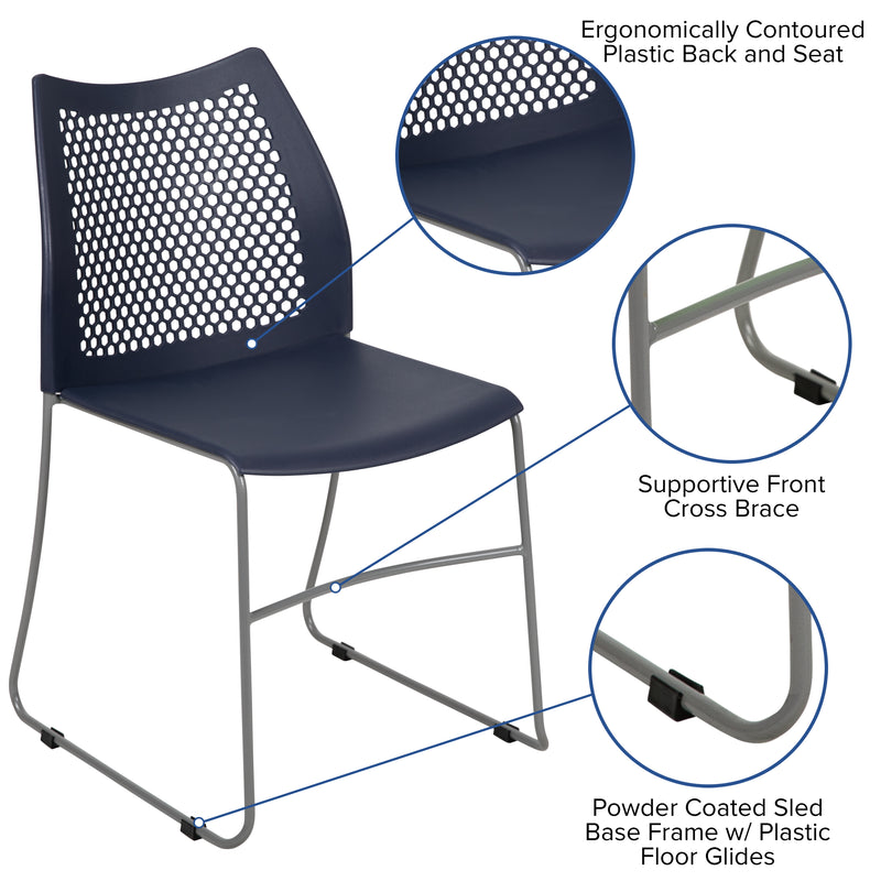 SINGLEWAVE Series 661 lb. Capacity Navy Stack Chair with Air-Vent Back and Gray Powder Coated Sled Base