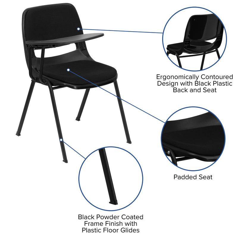 Black Padded Ergonomic Shell Chair with Right Handed Flip-Up Tablet Arm